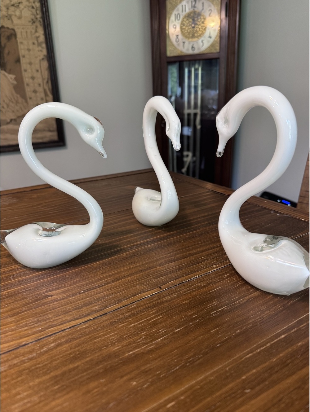 Set of 3 Hand Blown White Cased Art Glass Swan Bud Vases Figurines Vintage